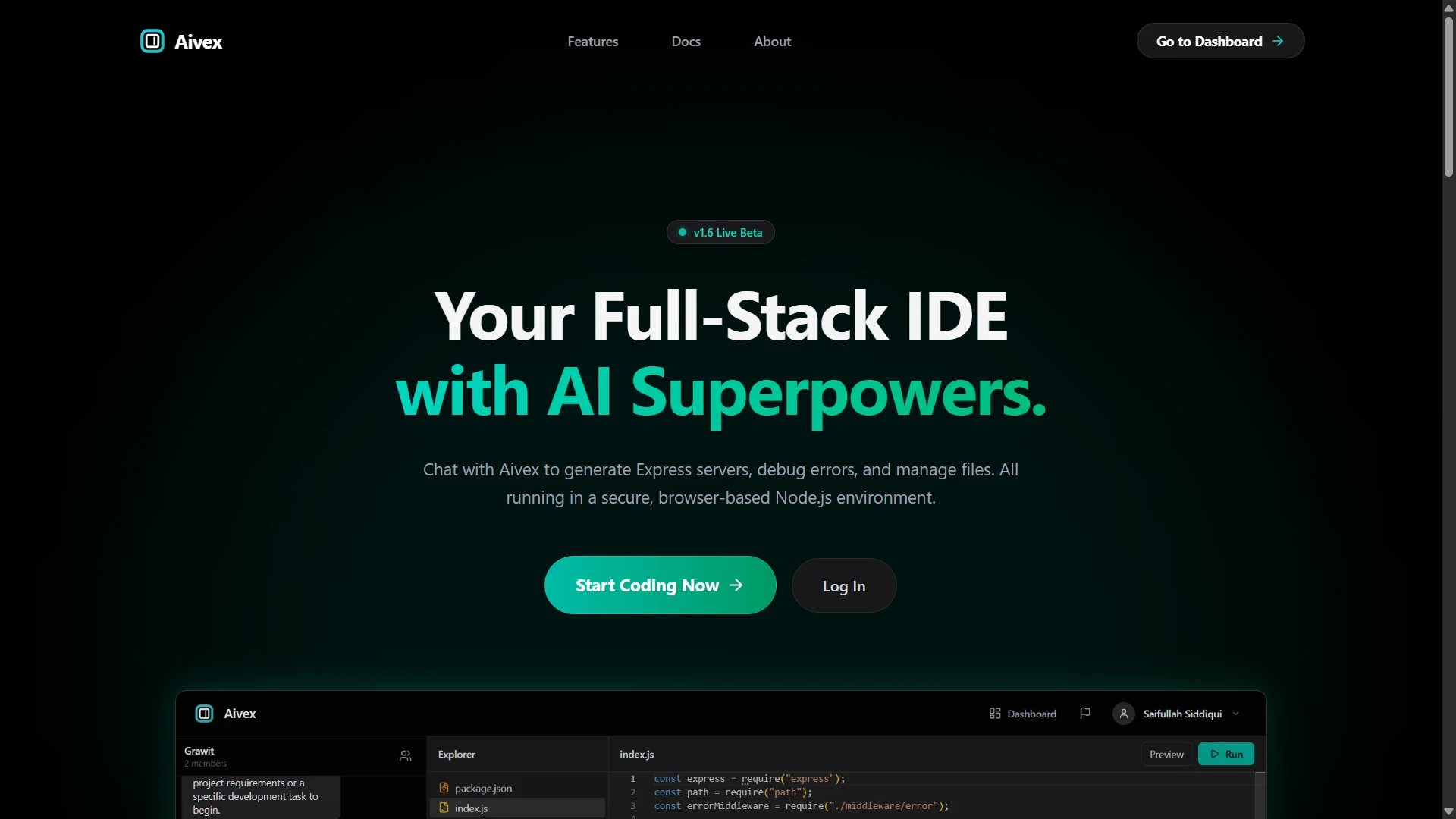 The Aivex interface: code editor, file tree and AI chat panel in a single browser tab